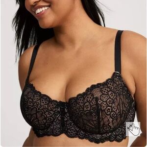 Torrid Plus Size 42D Black Peacock Lace Balconette Bra NEW